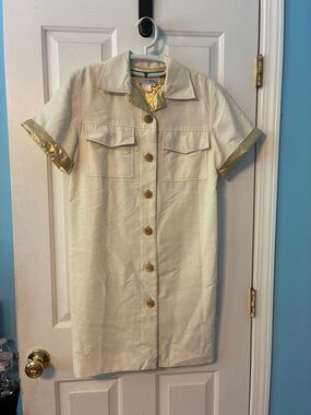 Cream Short-Sleeve Shift Dress with Gold Trim